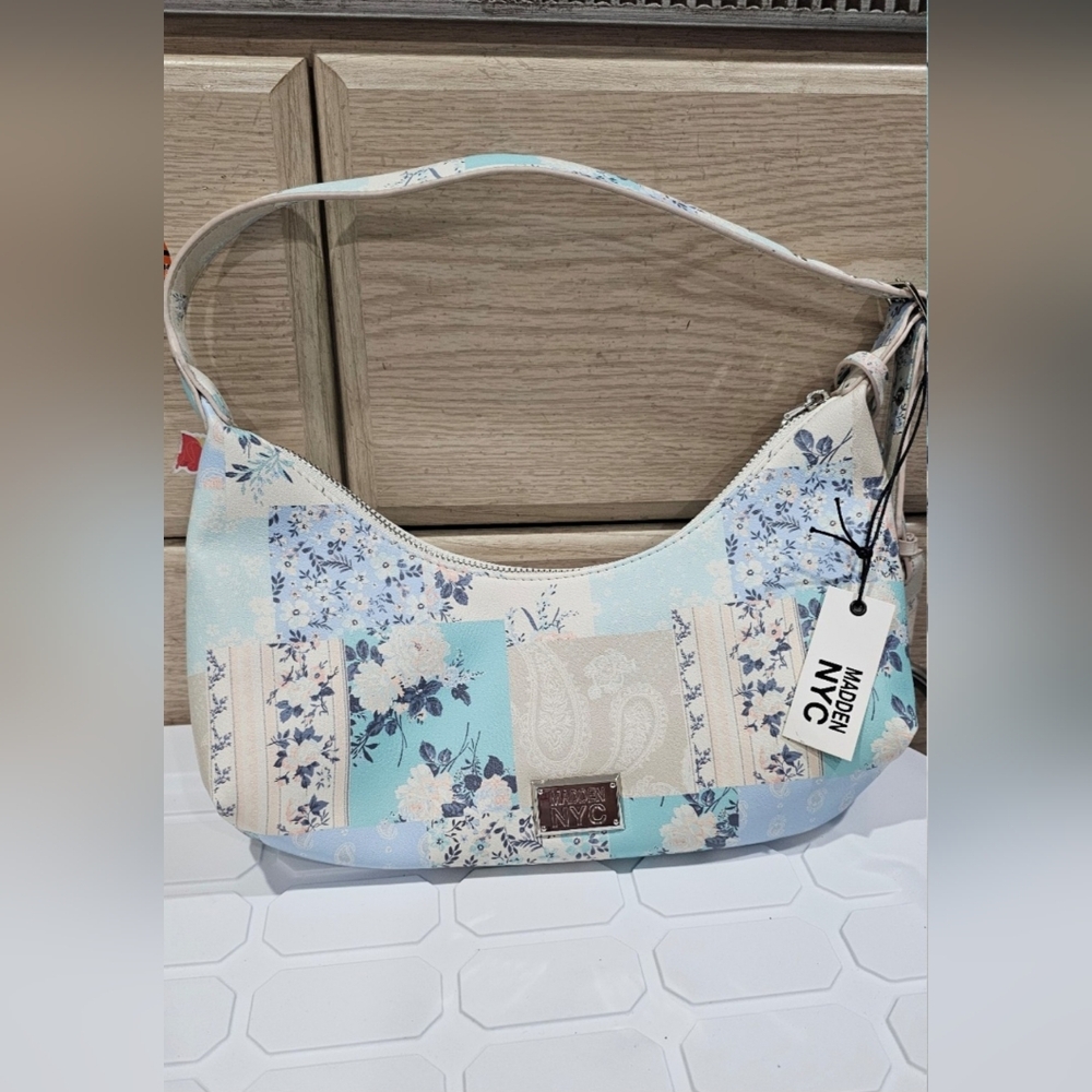 Women's Madden NYC Blue & Ivory Floral Print Small Baguette Shoulder Bag Purse